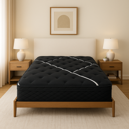 Restonic ComfortCare Hybrid Heartland Plush Twin Mattress on a bed with black tufting on Tampa Home & Garden Store
