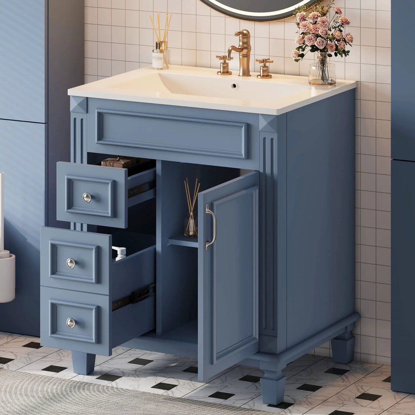 Bathroom vanity with sink in blue finish, compact cabinet with 2 drawers and brass faucet on Tampa Home & Garden Store
