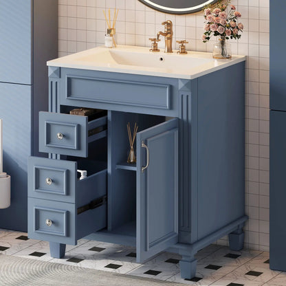 Bathroom vanity with sink in blue finish, compact cabinet with 2 drawers and brass faucet on Tampa Home & Garden Store