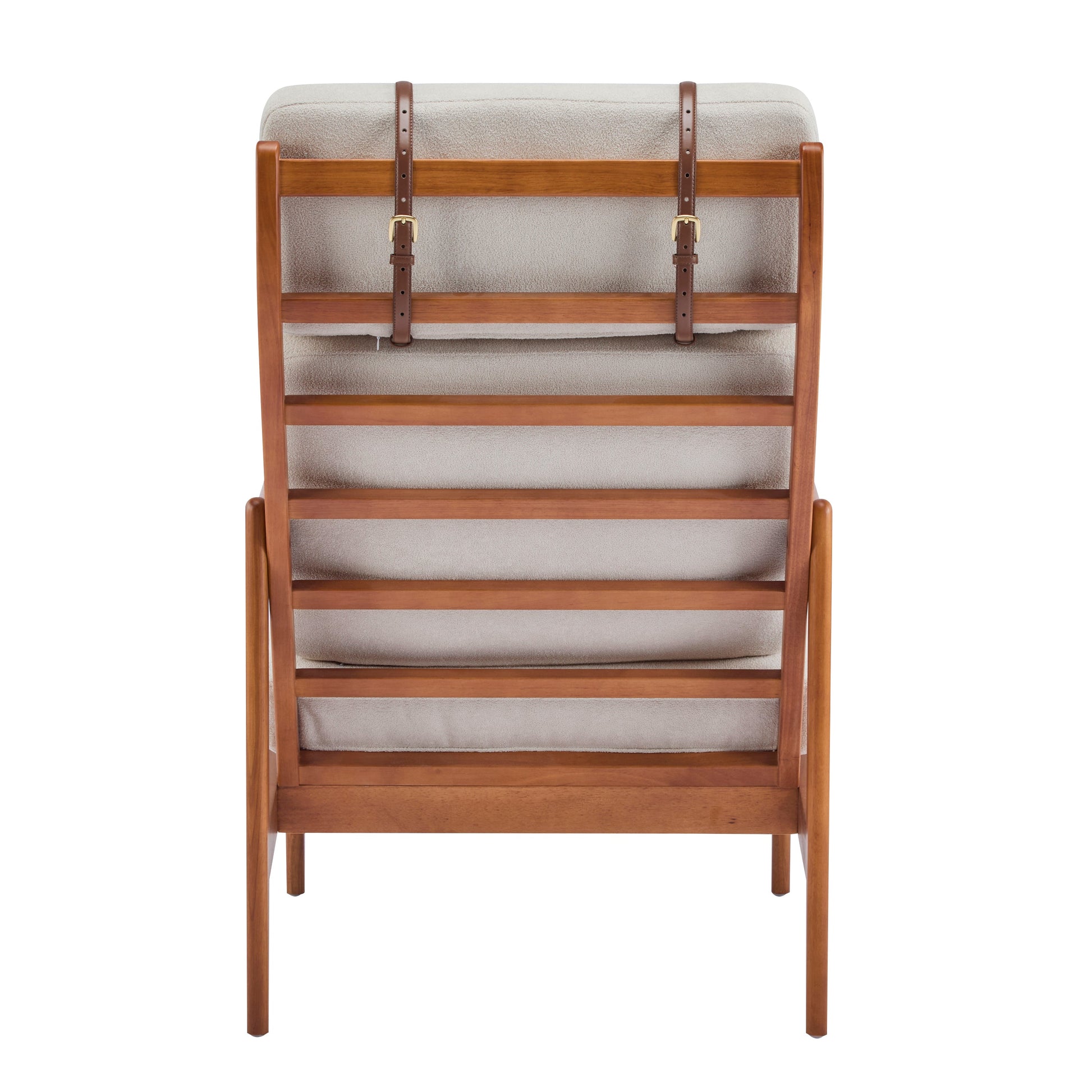 Mid Century Modern Accent Armchair with beige upholstery, wood frame, and leather straps on Tampa Home & Garden Store