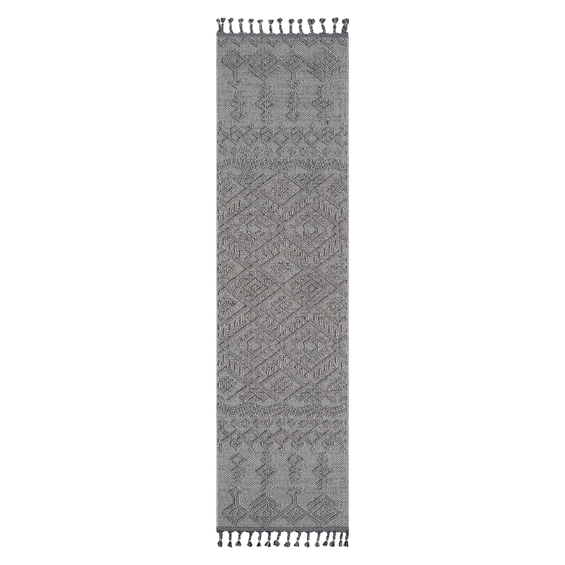 Guros indoor/outdoor area rug gray geometric pattern with tassel fringe by Unique Piece Furniture on Tampa Home & Garden Store