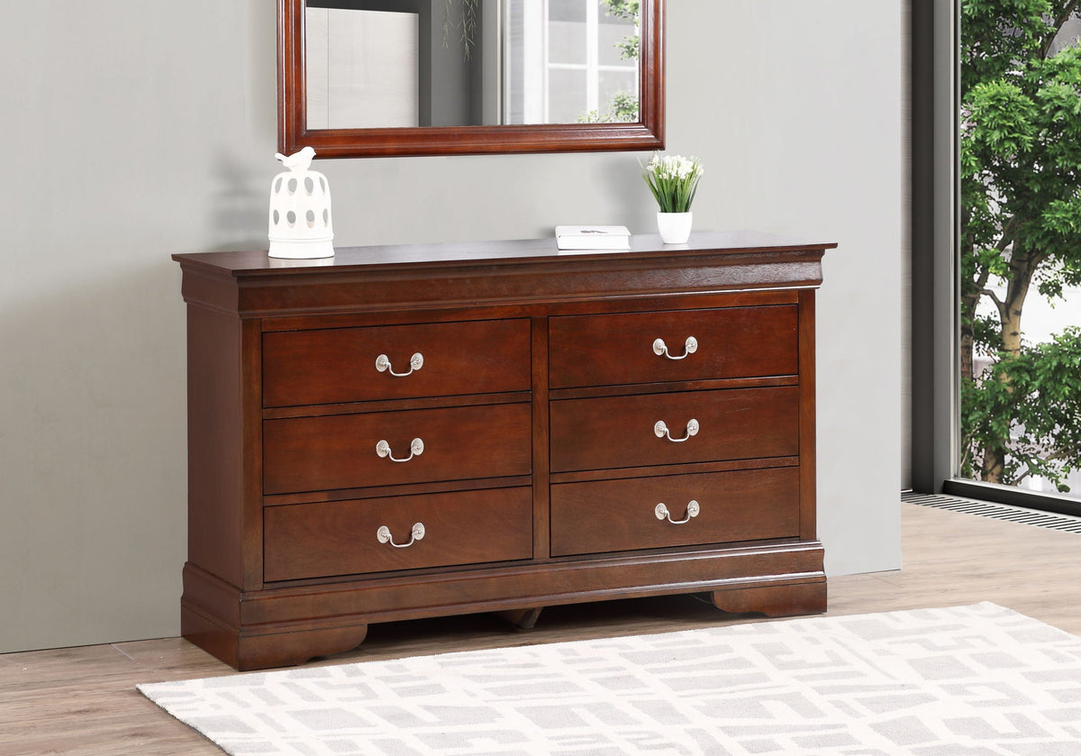 Louis Phillipe dresser in dark brown wood with English dovetailed six-drawer layout and silver pulls on Tampa Home & Garden Store