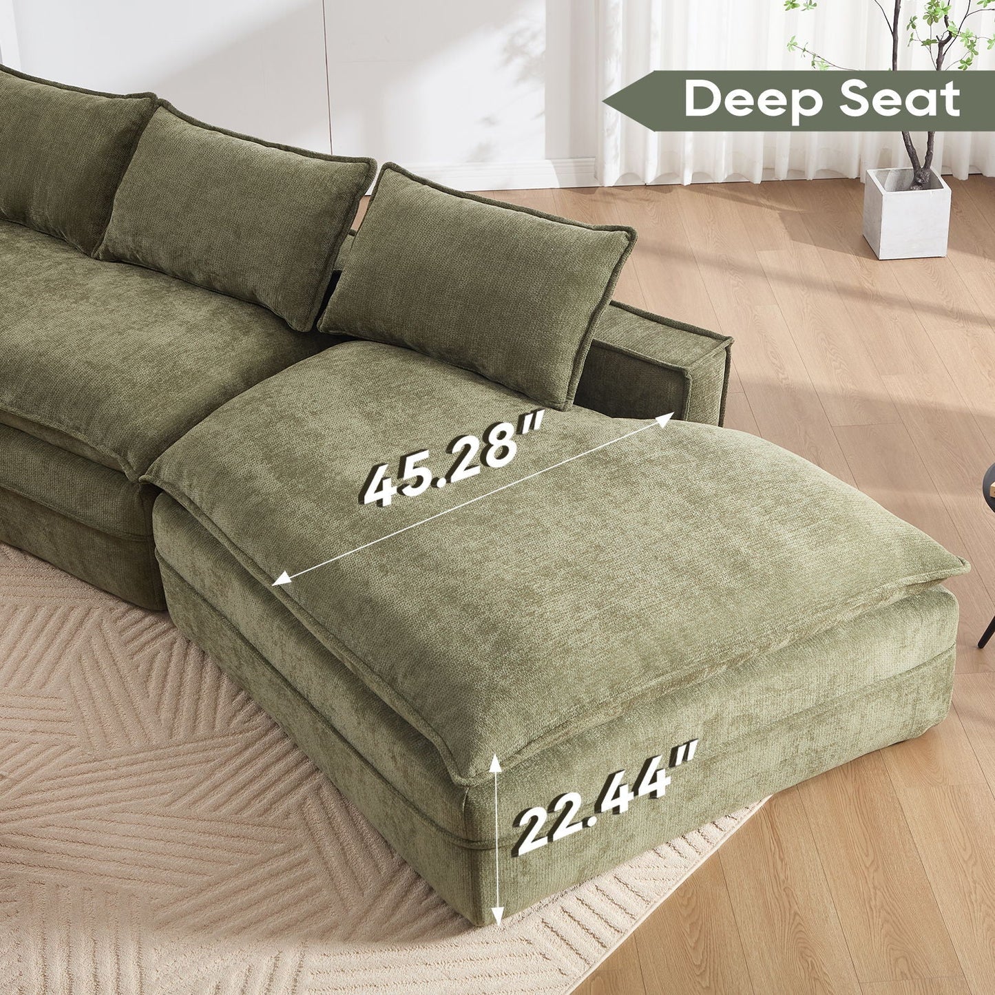 Modern Minimalist Modular Sectional Sofa with Deep Seats and Right Chaise in olive fabric on Tampa Home & Garden Store