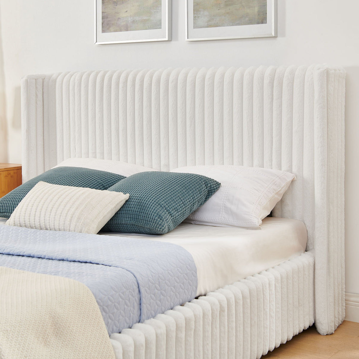 White vertical storage bed with gas lift, blue beige quilted bedding on Tampa Home & Garden Store