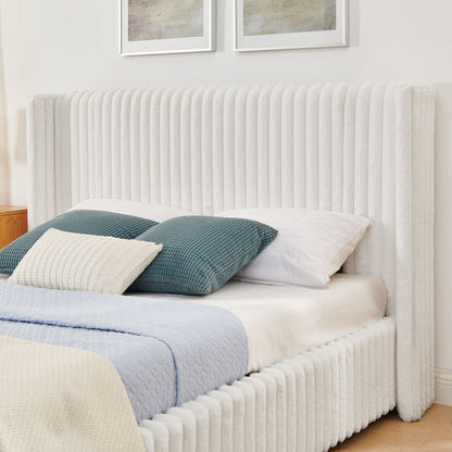 White vertical storage bed with gas lift, blue beige quilted bedding on Tampa Home & Garden Store