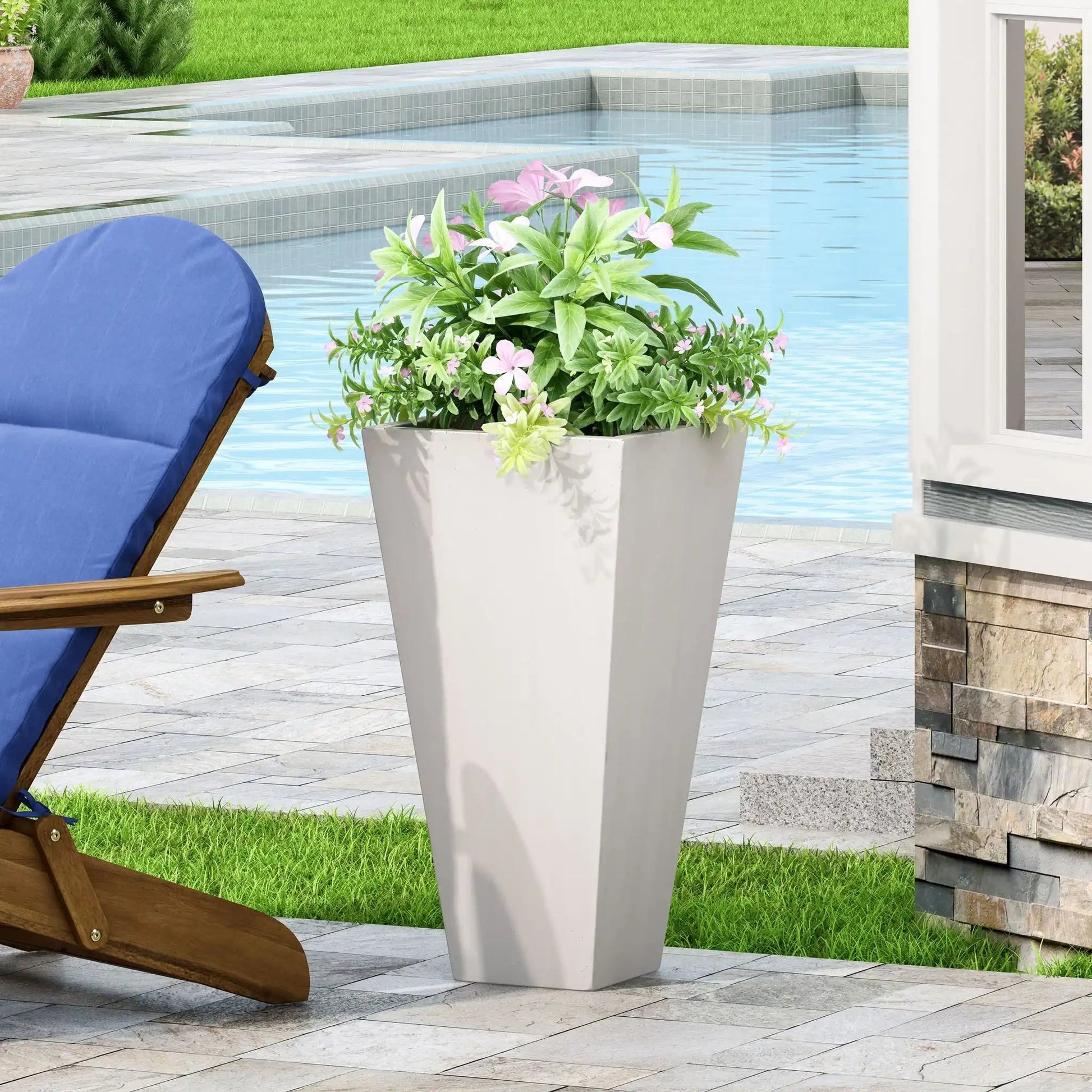 Outdoor Modern Cast Stone Planter in white with pink flowering plants by HouseOfZazla on Tampa Home & Garden Store