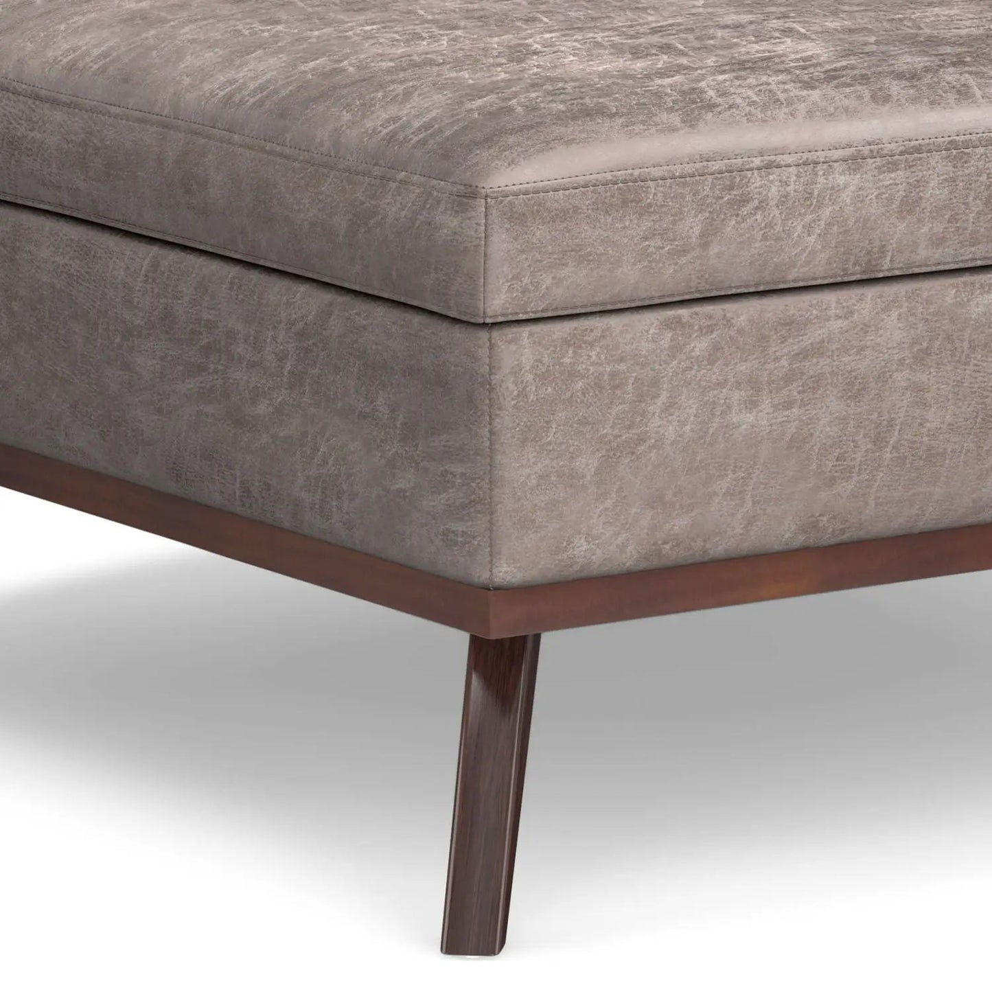 Owen storage ottoman coffee table in taupe fabric with wood legs on Tampa Home & Garden Store