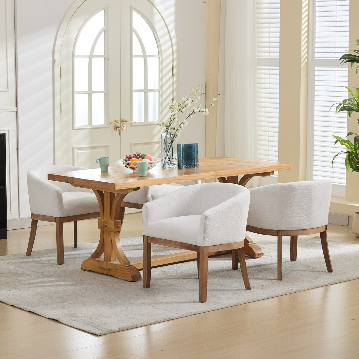 Mid Century Modern upholstered barrel dining chairs with arms in light gray fabric, set of four on Tampa Home & Garden Store