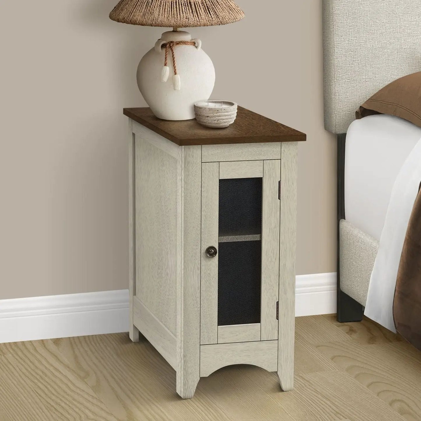 Accent End Table cream distressed finish with dark wood top and mesh-front cabinet door on Tampa Home & Garden Store