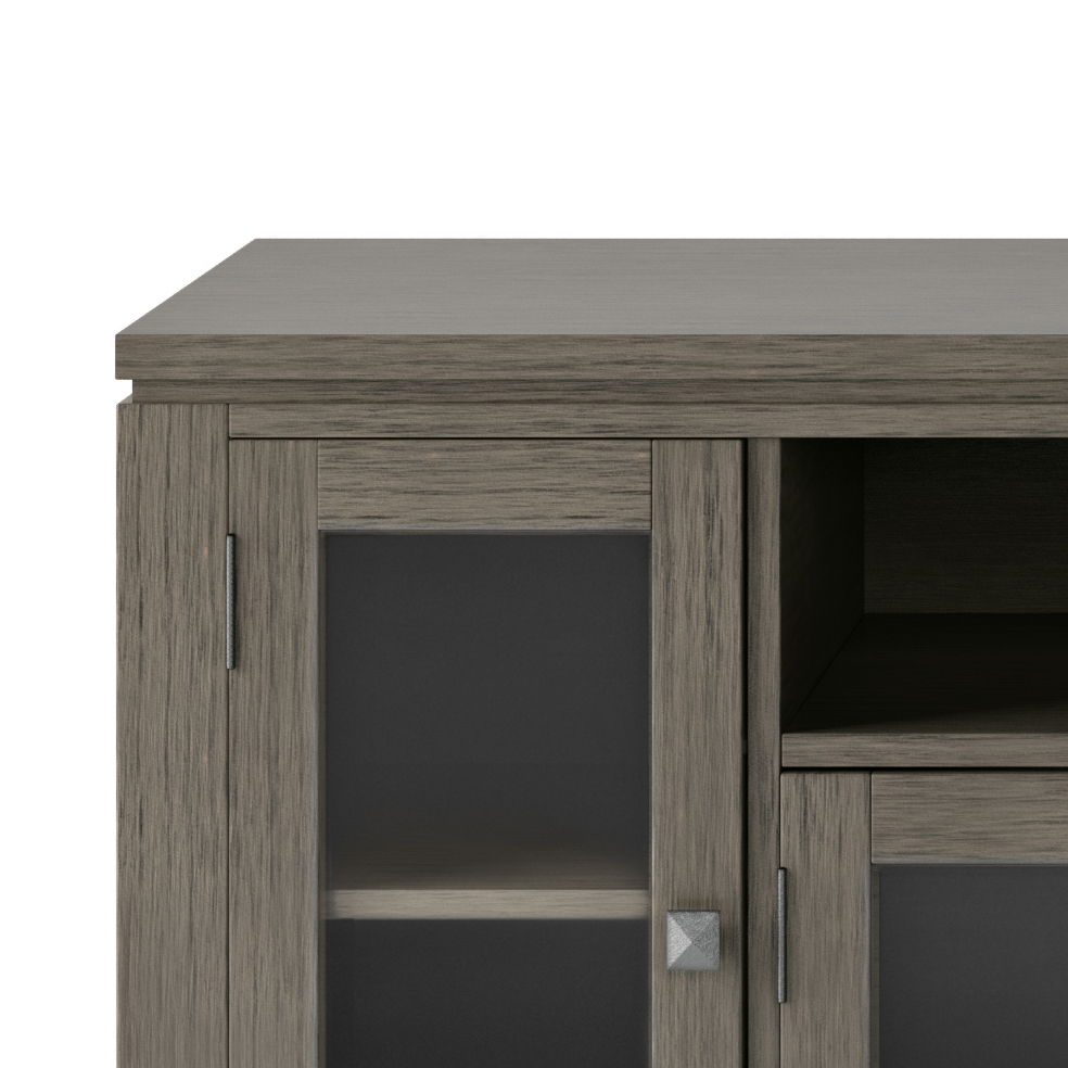 Wide handcrafted solid wood media stand with glass doors, gray oak finish by HouseOfZazla on Tampa Home & Garden Store