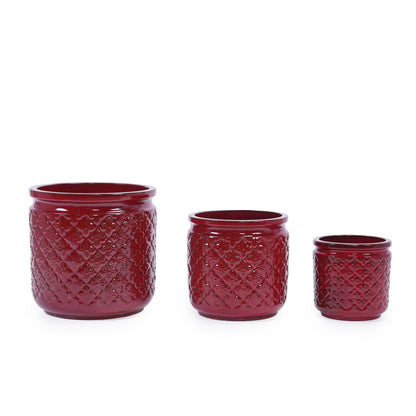 Bean Paste red ceramic flowerpot set 3 pieces with diamond texture HouseOfZazla Planters on Tampa Home & Garden Store