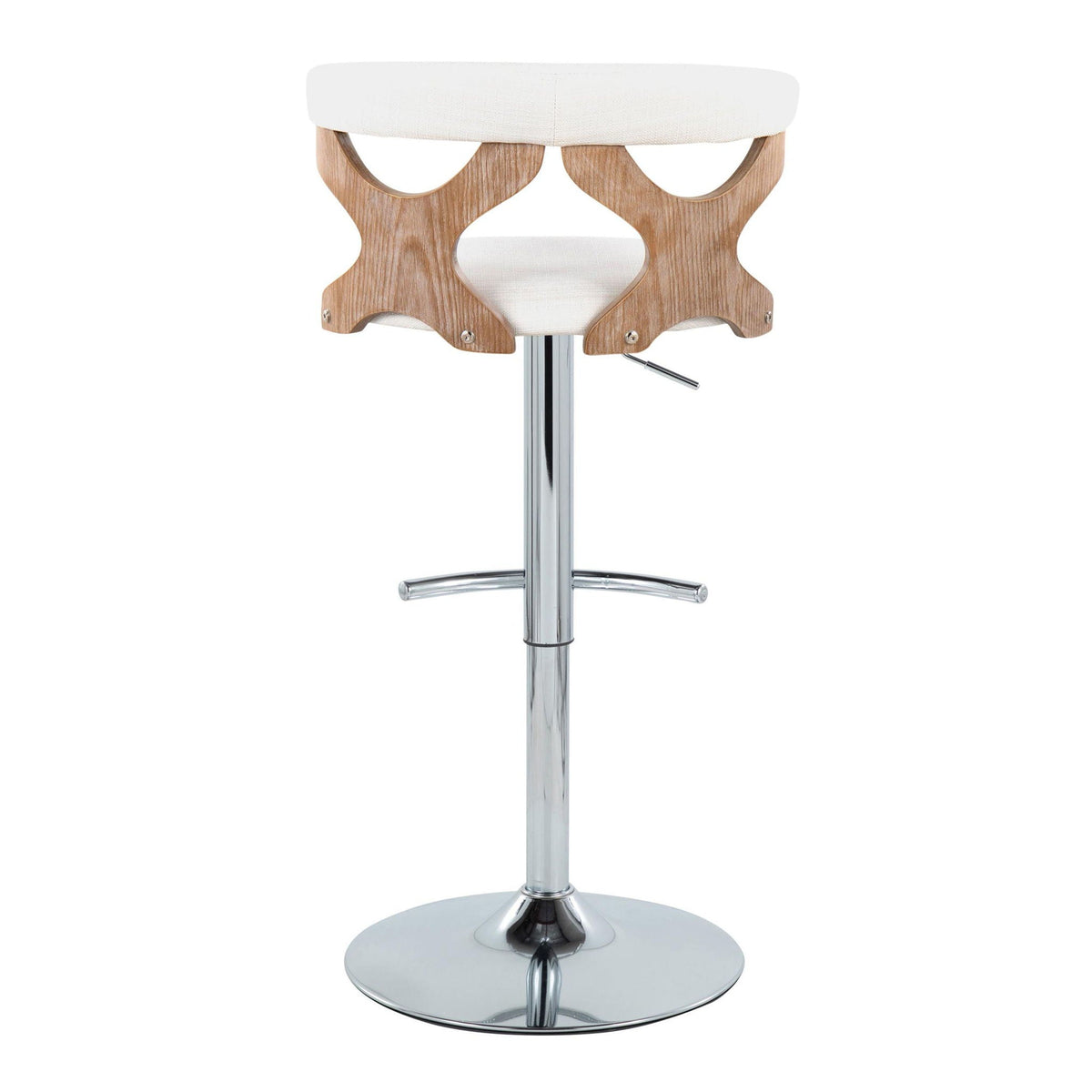 Contemporary adjustable barstool with swivel white seat and wood curved legs on chrome base on Tampa Home & Garden Store