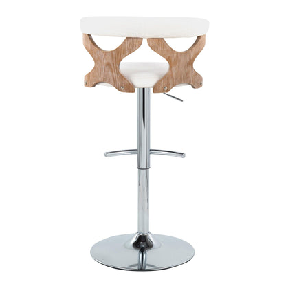Contemporary adjustable barstool with swivel white seat and wood curved legs on chrome base on Tampa Home & Garden Store