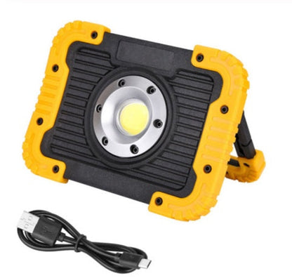 LED rechargeable camping lantern with rugged yellow and black housing and USB charging cable on Tampa Home & Garden Store