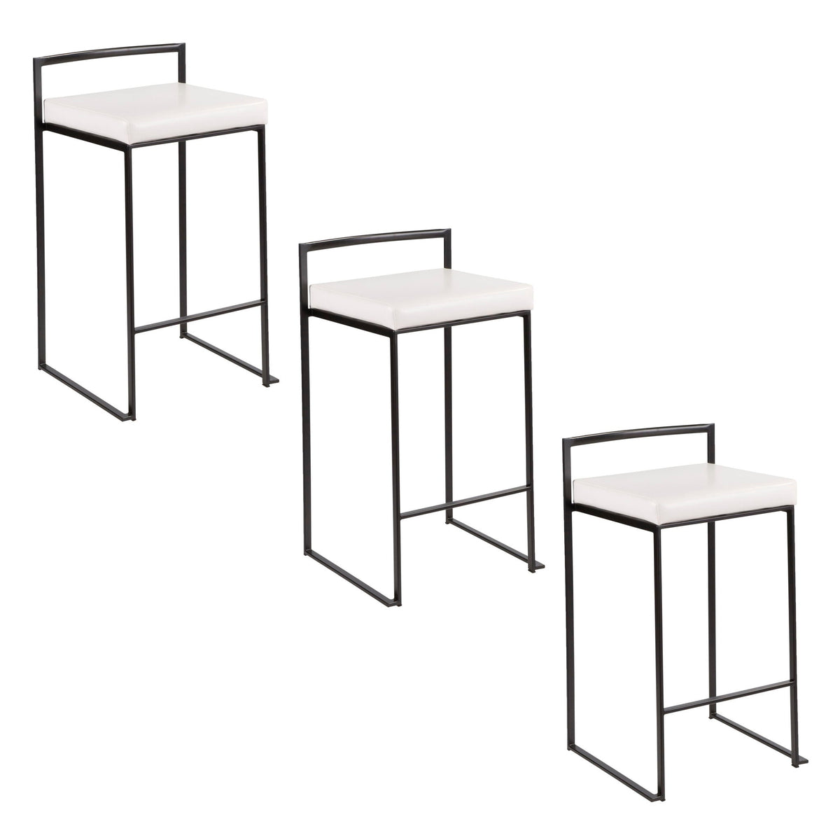 Two stackable contemporary counter stools with white cushioned seats and black metal frames on Tampa Home & Garden Store