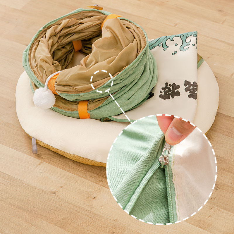 Cat's Nest Tunnel Toy folding bed in green fabric with tan interior, removable washable on Tampa Home & Garden Store
