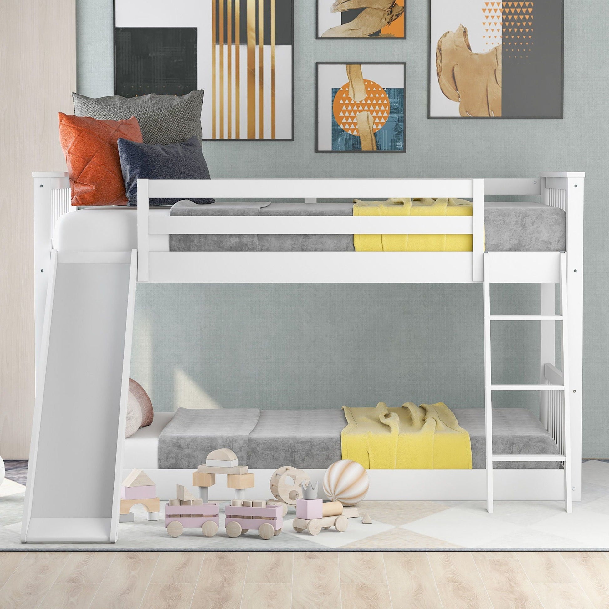 White bunk bed with left slide and right ladder, gray mattress, orange and charcoal cushions on Tampa Home & Garden Store