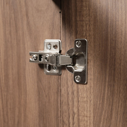 Vanity cabinet hinge close-up on dark brown wood panel, HouseOfZazla on Tampa Home & Garden Store