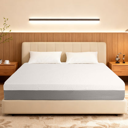 10-Inch Premium Queen Mattress by HouseOfZazla, white quilted top with gray base in bedroom on Tampa Home & Garden Store