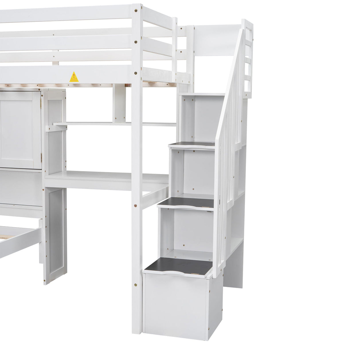 White loft bed with builtin desk and staircase by HouseOfZazla; includes underbed storage cabinet on Tampa Home & Garden Store