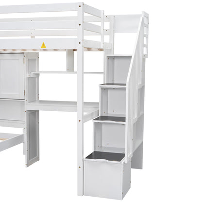White loft bed with builtin desk and staircase by HouseOfZazla; includes underbed storage cabinet on Tampa Home & Garden Store
