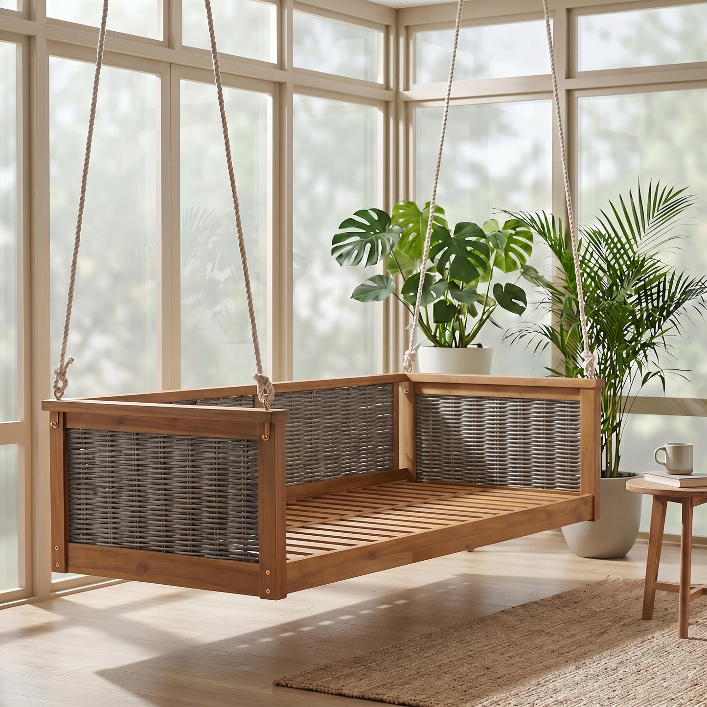 Outdoor Twin Swing Bed With Acacia and Rattan