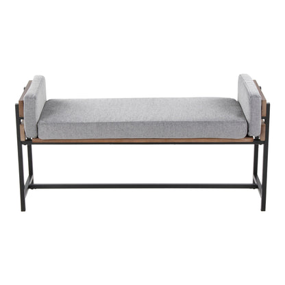Upholstered Farmhouse Bench with Wood Panel Accent by HouseOfZazla in light gray fabric on Tampa Home & Garden Store