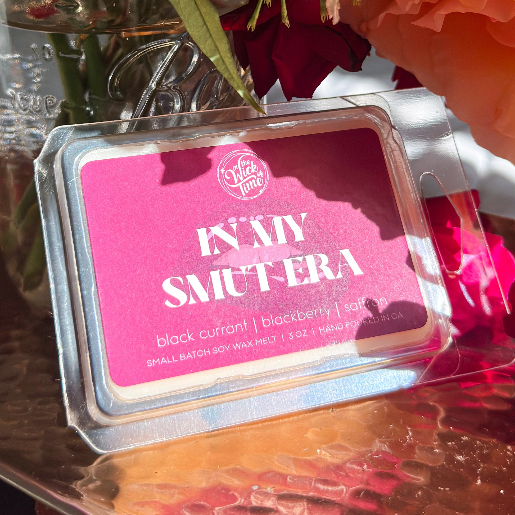 Wax melt In My Smut Era by In the Wick of Time, label, clear clamshell, 3 oz blackberry scent on Tampa Home & Garden Store