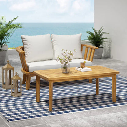 2-person outdoor acacia wood patio seating set with white cushions and coffee table by HouseOfZazla on Tampa Home & Garden Store