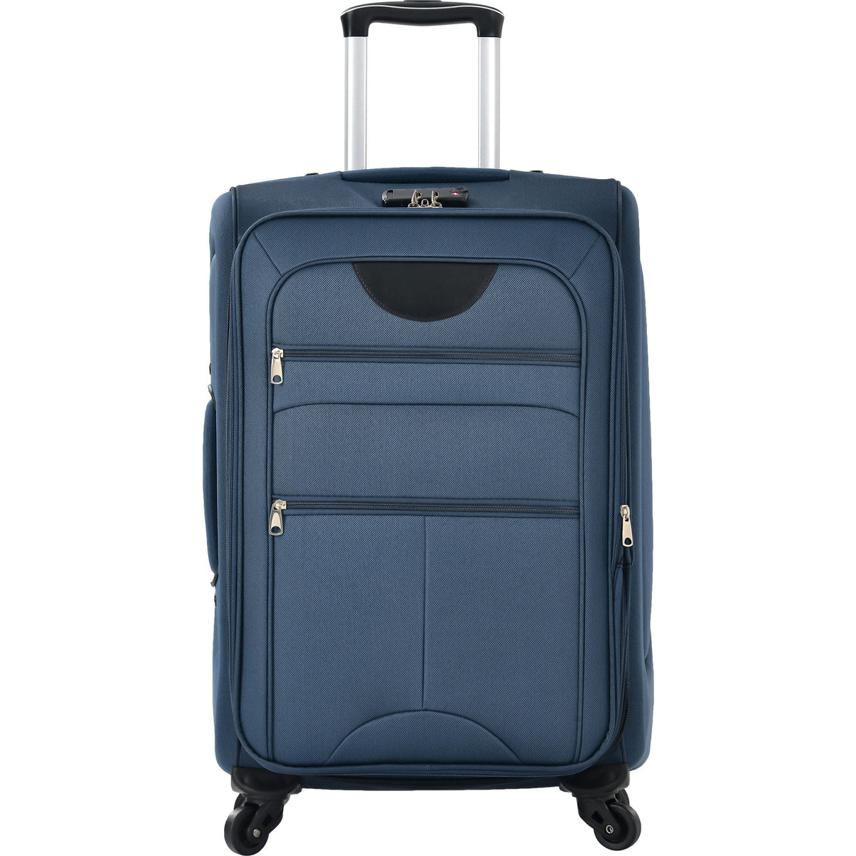 Softside spinner suitcase dark blue with silver telescoping handle and front zip pocket on Tampa Home & Garden Store