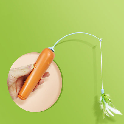 2 in 1 cat toy with feather; orange handheld unit with string and feather for self-play on Tampa Home & Garden Store