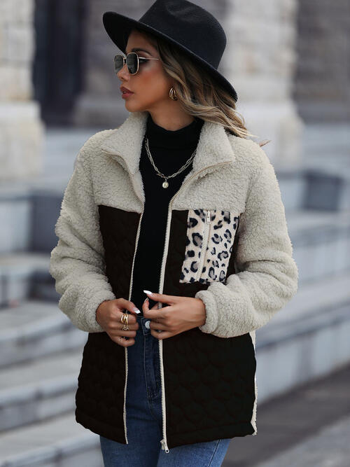 Stevvex leopard color-block zip-up jacket, cream sherpa with black quilted panels on Tampa Home & Garden Store