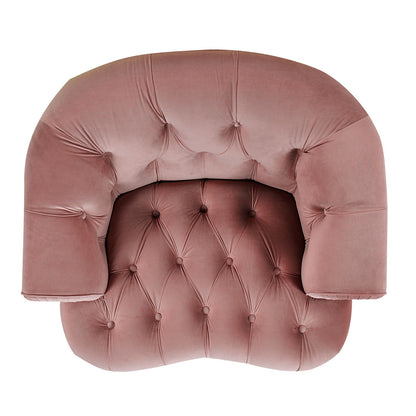 Pink velvet Victorian tufted accent chair with curved arms and deep button tufting on Tampa Home & Garden Store