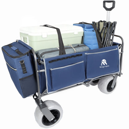 Beach wagon with big wheels loaded with camping gear in a blue outdoor wagon by WagonPro on Tampa Home & Garden Store