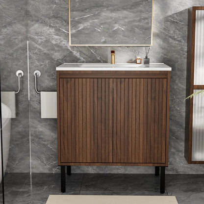 Bathroom vanity with ceramic sink, dark wood slatted front, white countertop, soft-close drawers on Tampa Home & Garden Store