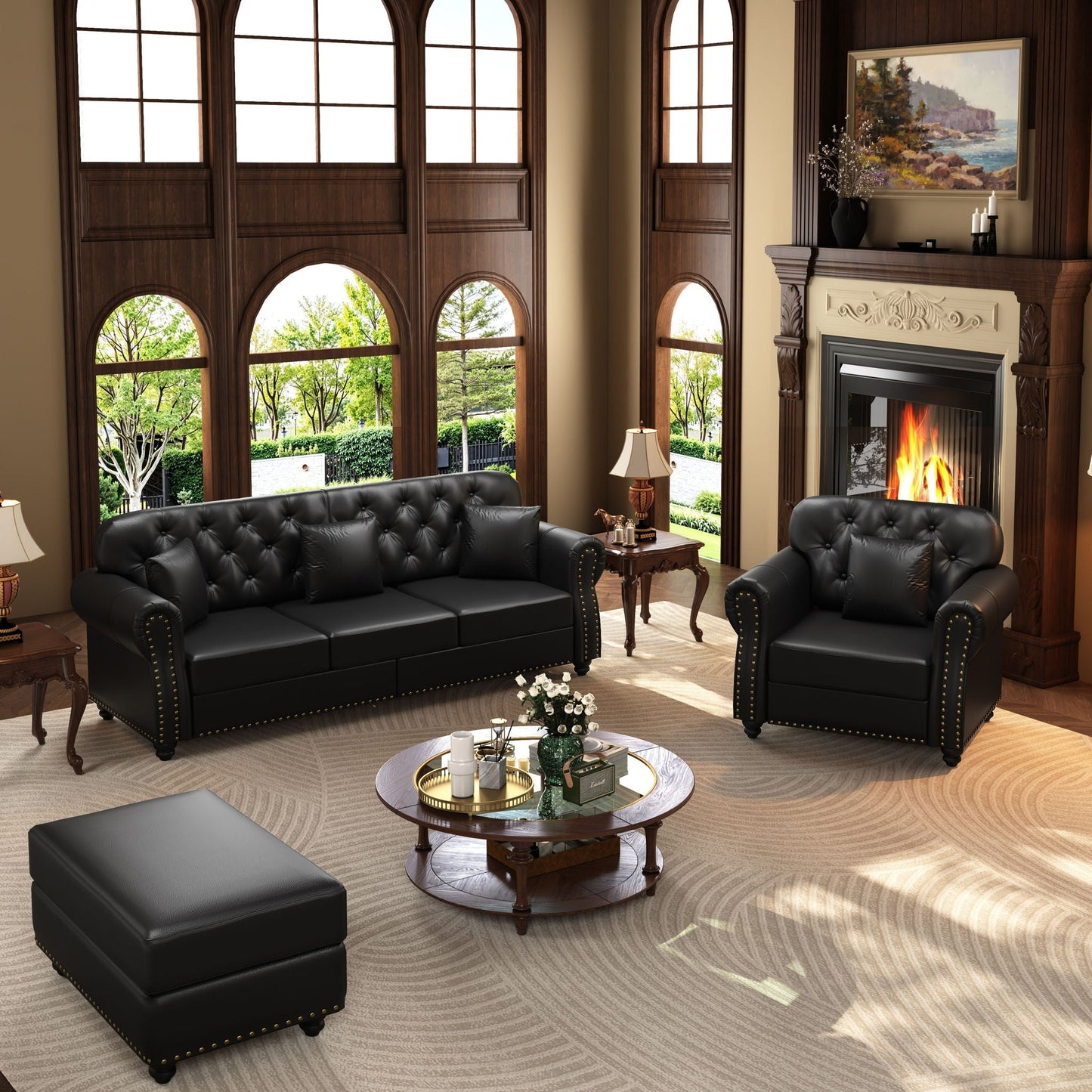Upholstered Sofa with Nailhead and Ottoman