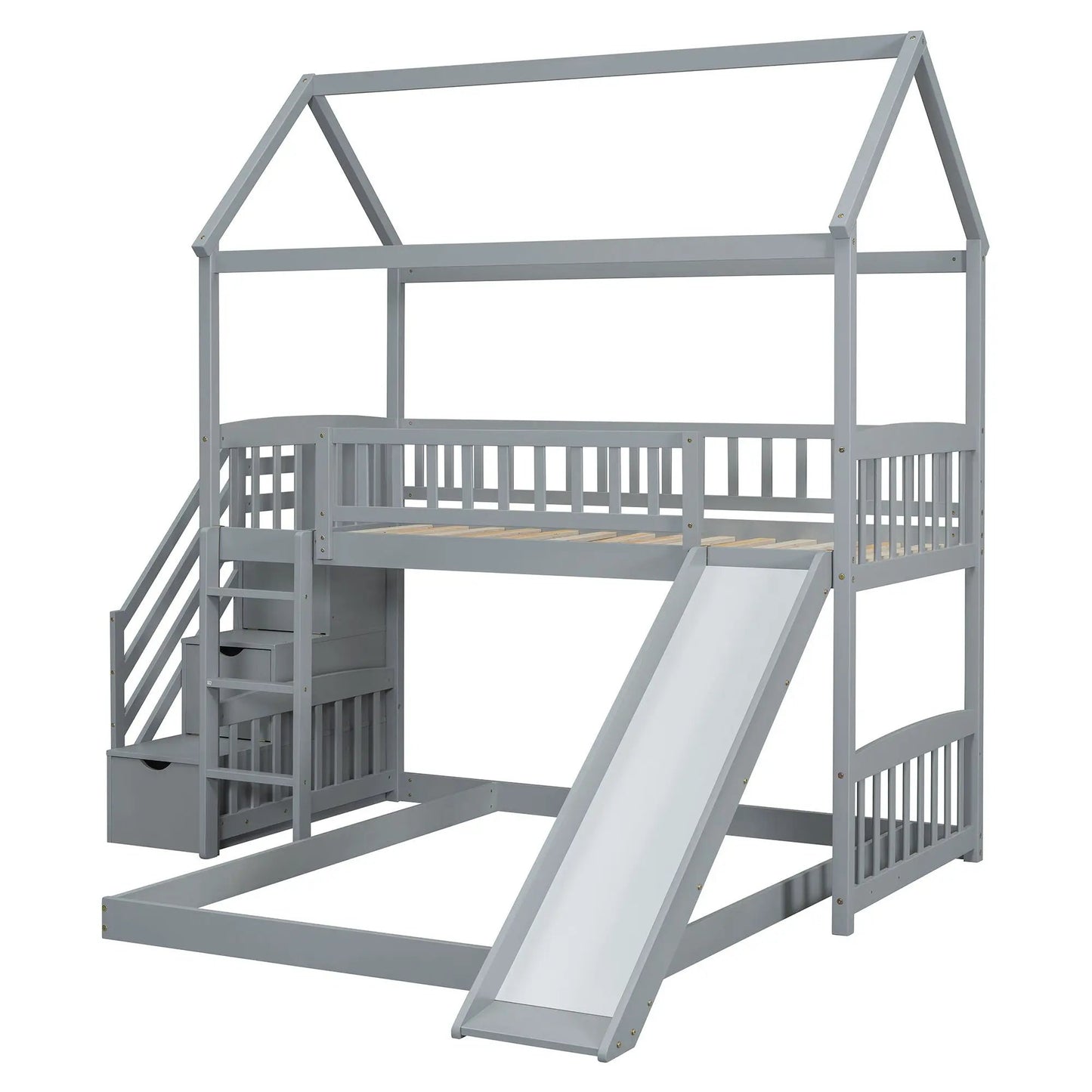House bunk bed with slide, gray-painted wood with playhouse roof frame and guard rails on Tampa Home & Garden Store