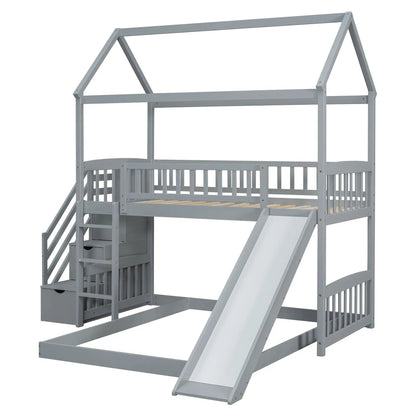 House bunk bed with slide, gray-painted wood with playhouse roof frame and guard rails on Tampa Home & Garden Store
