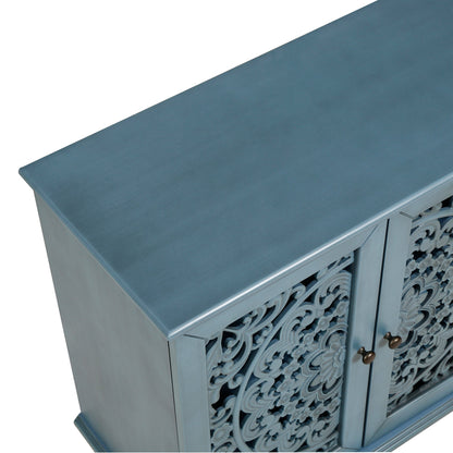 60in antique buffet cabinet with blue-gray finish and floral carved lattice doors on Tampa Home & Garden Store