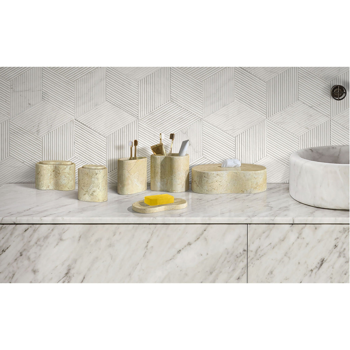 Elegant Natural Marble Bathroom Accessories Set with cylindrical holders and gold brushes on Tampa Home & Garden Store