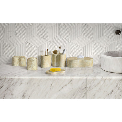 Elegant Natural Marble Bathroom Accessories Set with cylindrical holders and gold brushes on Tampa Home & Garden Store
