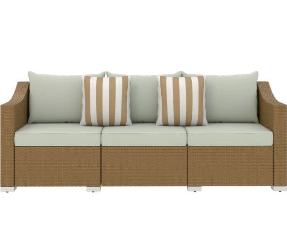 3-seat rattan wicker outdoor sofa with pale cushions and striped pillows by HouseOfZazla on Tampa Home & Garden Store