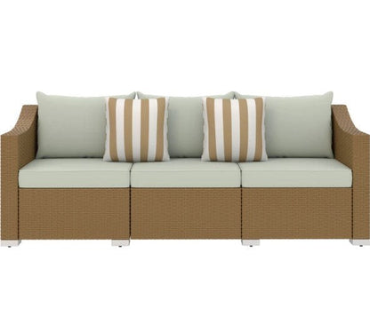 3-seat rattan wicker outdoor sofa with pale cushions and striped pillows by HouseOfZazla on Tampa Home & Garden Store
