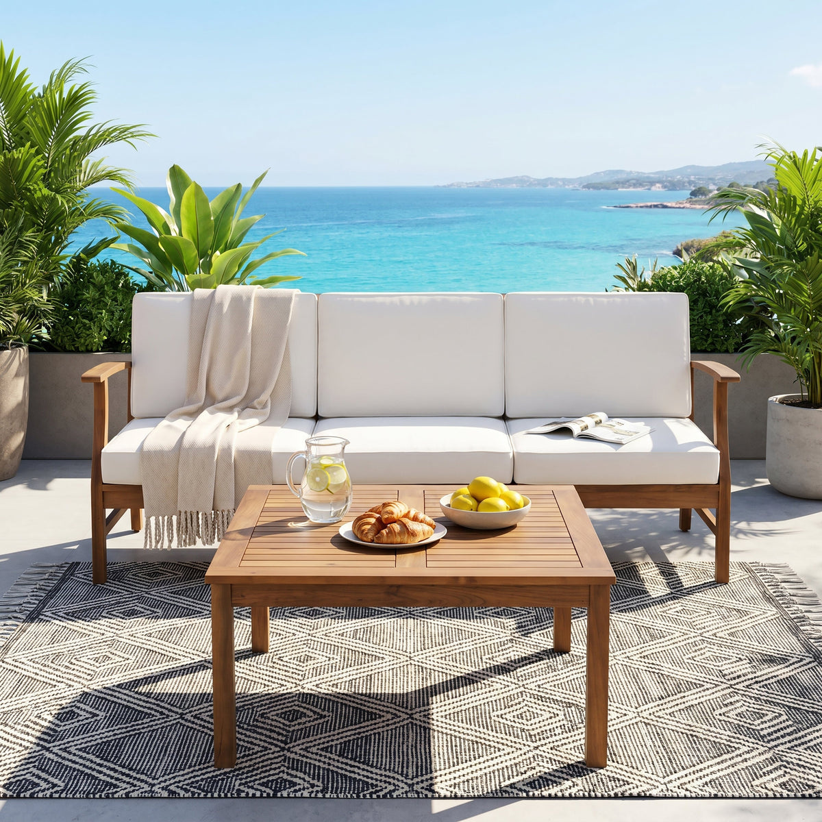 Perla Acacia Wood Outdoor Sofa and Table Set with white cushions and wood frame on Tampa Home & Garden Store