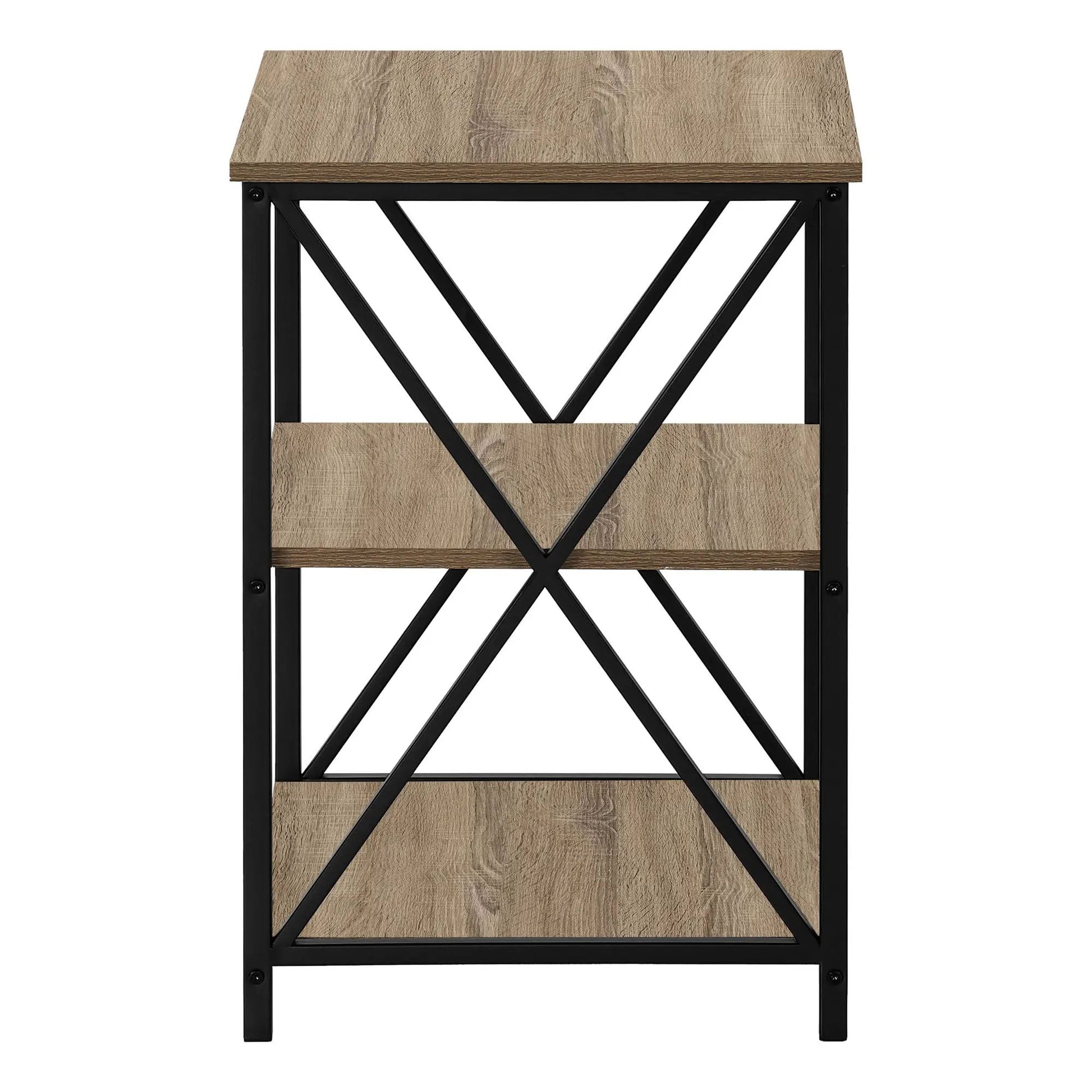 3 Tier Accent Table with woodtone shelves and black metal crisscross Unique Piece Furniture on Tampa Home & Garden Store