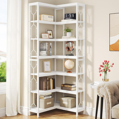 7-Tier Corner Bookshelf hexagonal design in white by HouseOfZazla filled with books and decor on Tampa Home & Garden Store