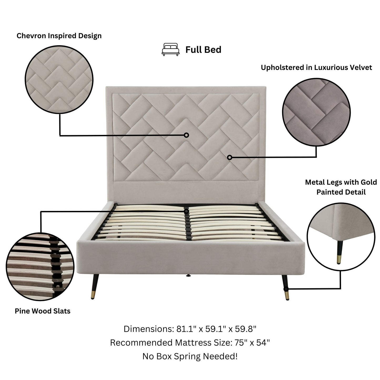 Crosby upholstered bed with chevron quilted headboard in pale gray velvet by HouseOfZazla on Tampa Home & Garden Store