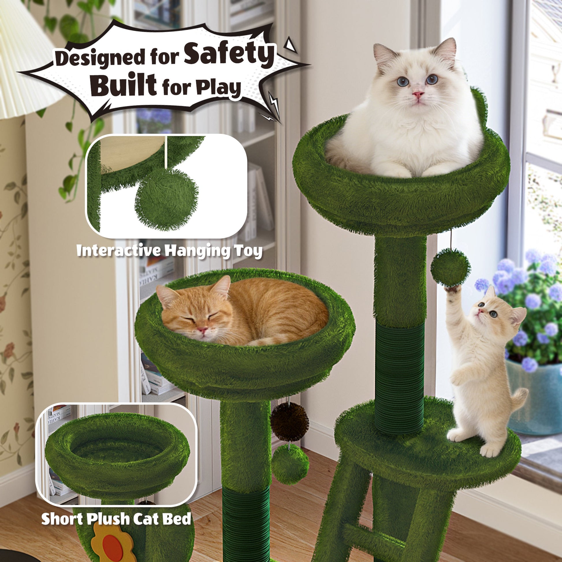 72in Cactus Cat Tree Tall Cat Tower for Indoor Cats green plush by HouseOfZazla on Tampa Home & Garden Store