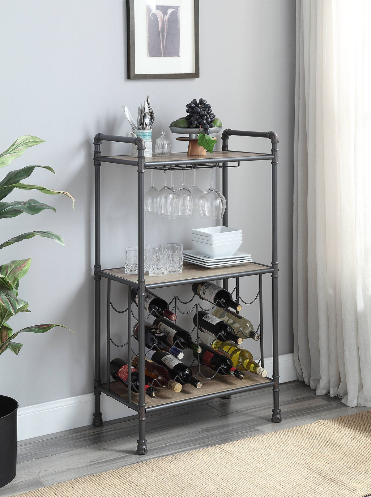 Brantley wine rack gray metal frame with oak shelves and bottle storage HouseOfZazla on Tampa Home & Garden Store