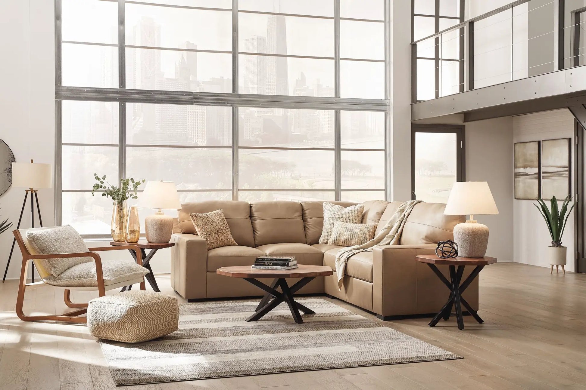 Bandon Sectional by Unique Piece Furniture, tan leather stationary sofa for living rooms on Tampa Home & Garden Store